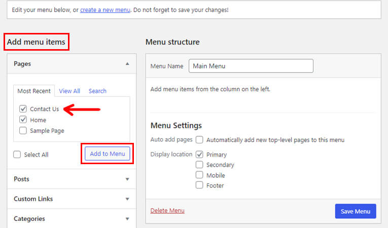 Add Contact Us Page to Menu