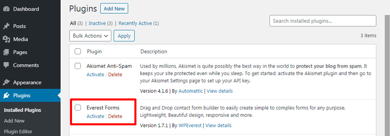 Activating Plugin Everest Forms