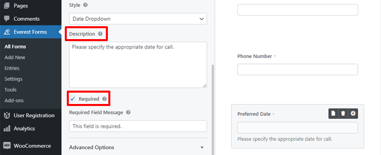 Add Field Description and Make it Required WordPress Form with Date Time Picker Calendar