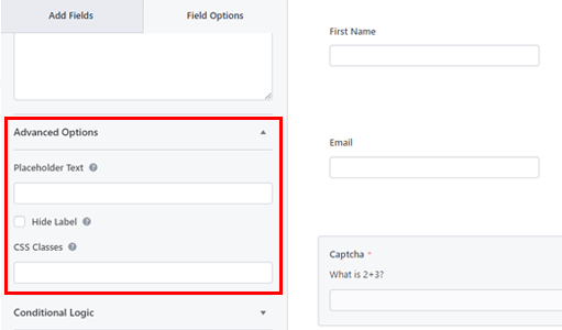 Advanced Options for Captcha Field