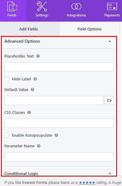 Advanced Options for Regular Fields