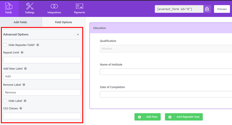 Advanced Options for WordPress Repeater Field