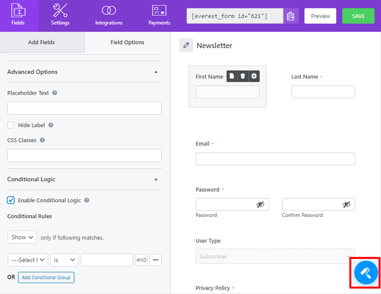 Blue Icon to Customize Form