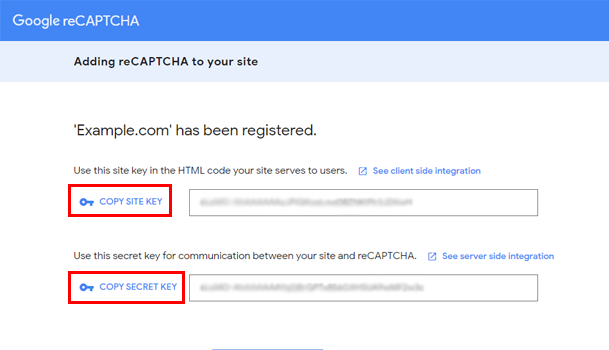 Copy reCaptcha Keys