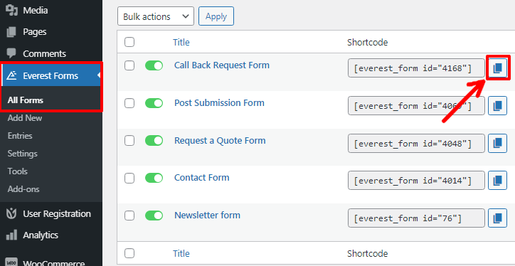 Copying Shortcode of the Form with Date Time Picker Calendar