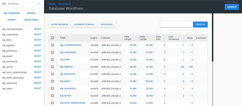 DevKinsta Database Manager