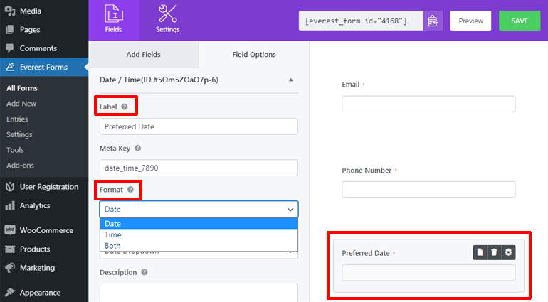 Edit Label and Format of Date WordPress Form with Date Time Picker Calendar