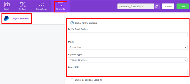 Enable PayPal Standard for Form with PayPal Integration WordPress