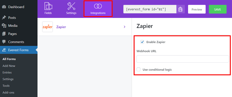 Enable Zapier And Paste Webhook URL