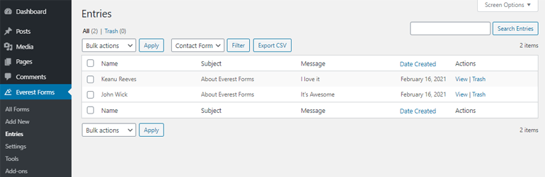 Entries Tab Everest Forms