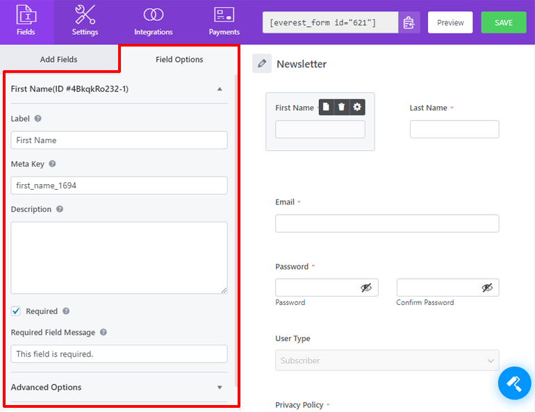 Field Options Tab Everest Forms