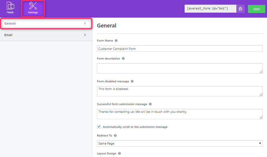 General Settings Everest Form