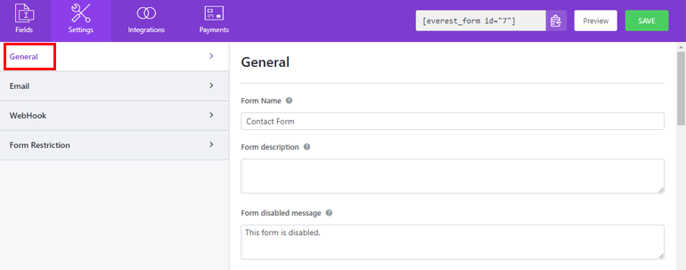 General Settings for Form