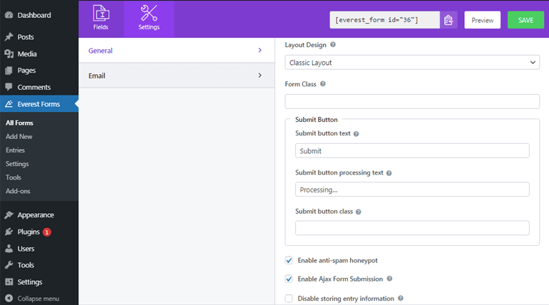 General Setting Options for Leave Request Form