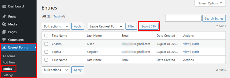 Leave Request Form Entries