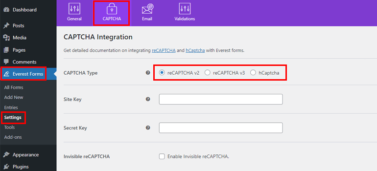 Open Contact Form Captcha Settings