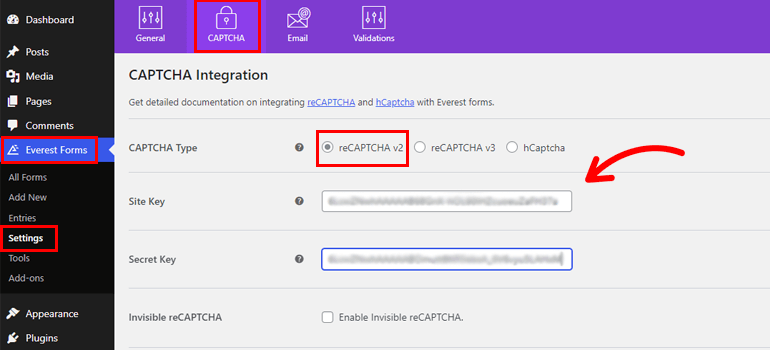 Paste reCaptcha v2 Keys