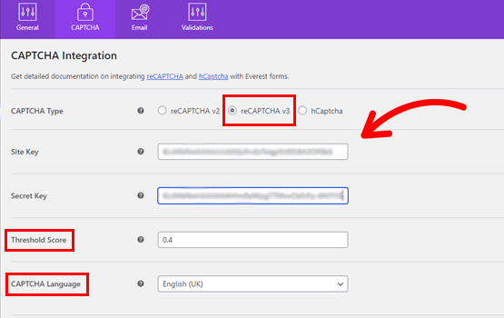 Paste reCaptcha v3 Keys