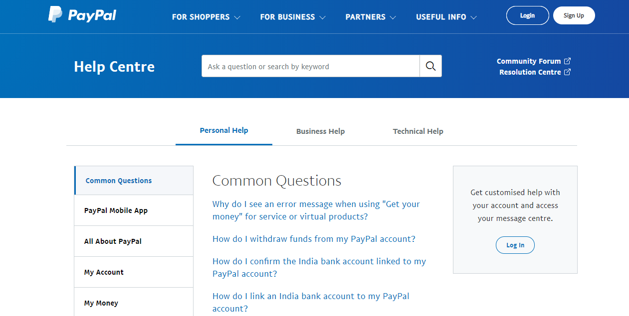 PayPal help centre