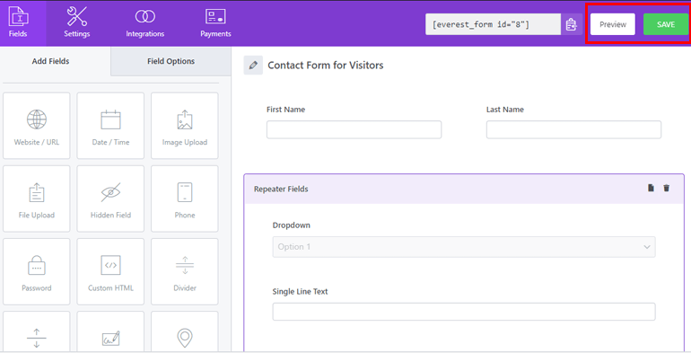 Save and Preview Repeater Field Form