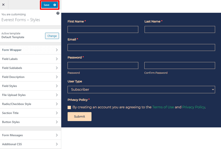 Save Form in Customizer