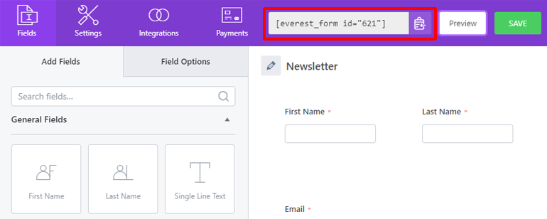 Shortcode Everest Forms