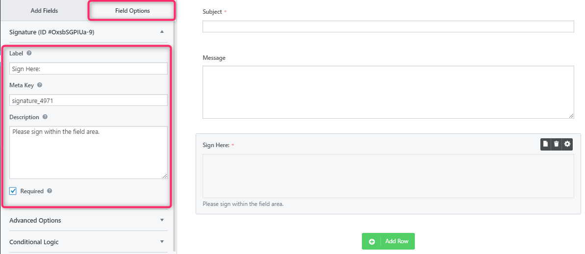 signature field options