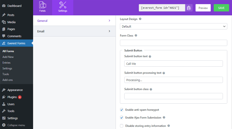 Submission Button Configuration of WordPress Request a Call Back Form