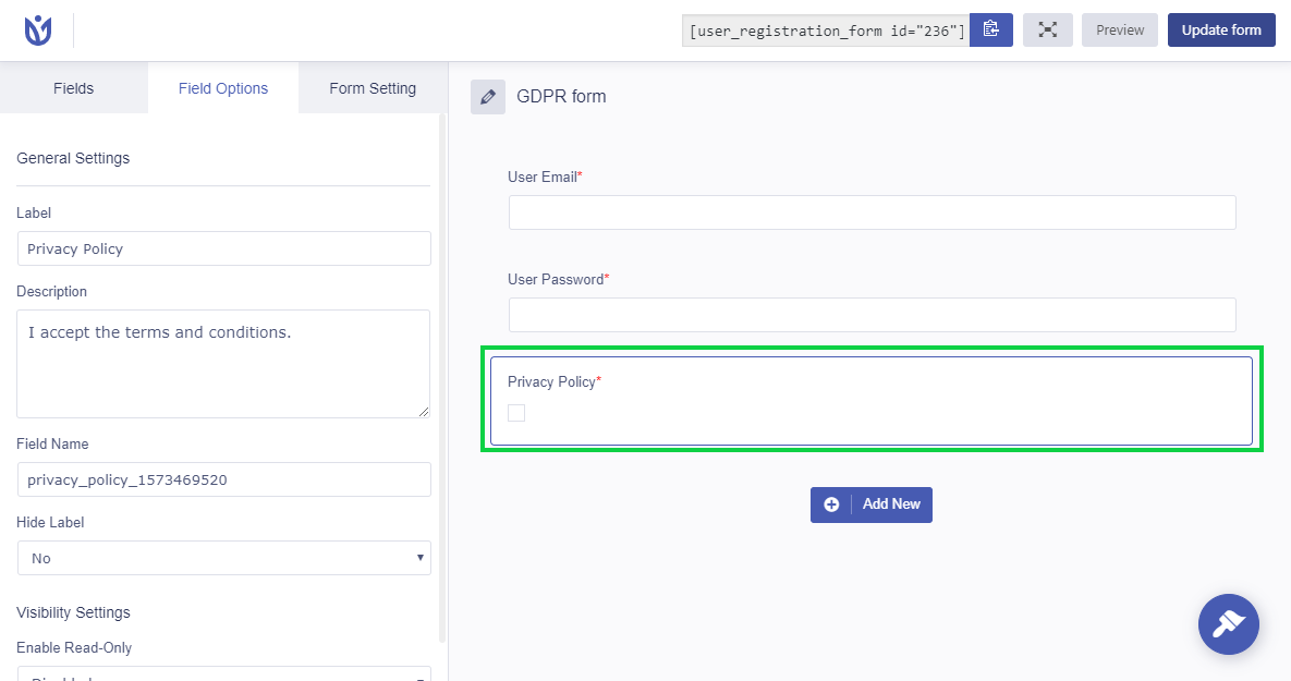 User Registration privacy policy field