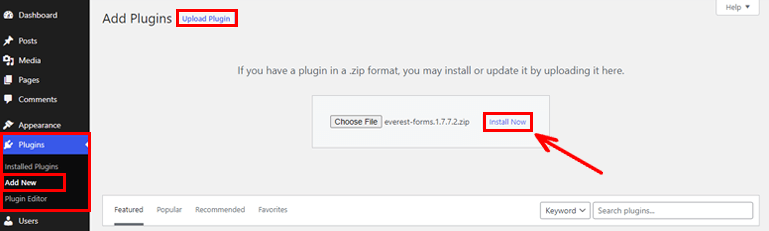 Uploading Everest Forms Plugin