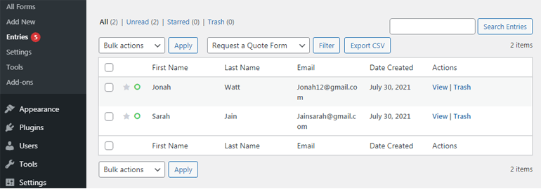 View and Manage Form Entries