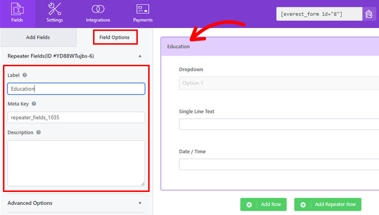 WordPress Repeater Field Row Options